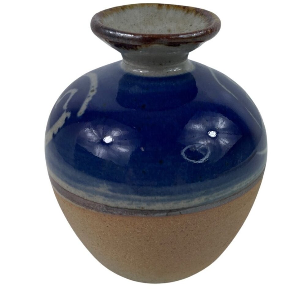 Handmade Buck Pottery Vase Signed 2001 Texas Blue & Tan Ceramic Art Piece - Picture 3 of 11